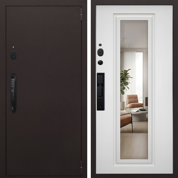 Входная дверь АСД Комфорт с зеркалом биометрический замок Smart lock DZ 888 ясень белый снег