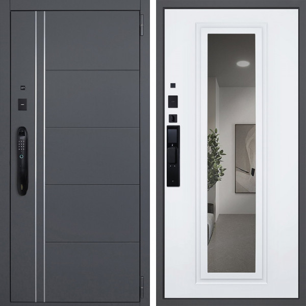 Входная дверь АСД Vegas с зеркалом биометрический замок Smart lock DZ 888 белый матовый