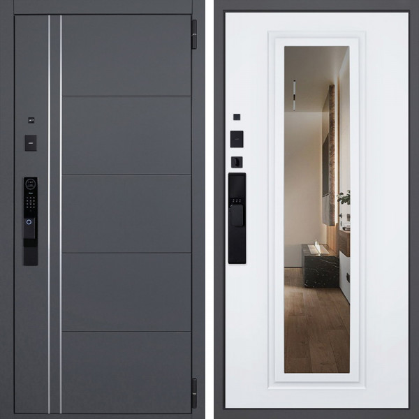 Входная дверь АСД Vegas с зеркалом биометрический замок Smart lock Y12 белый матовый