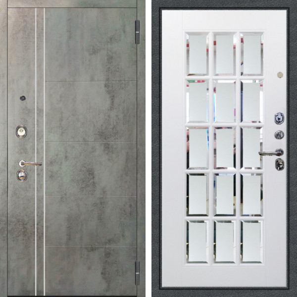 Входная дверь Аргус ЛЮКС 3К Лофт Темный бетон + Мэрелин Софт милк зеркало с фацетом и пескоструем