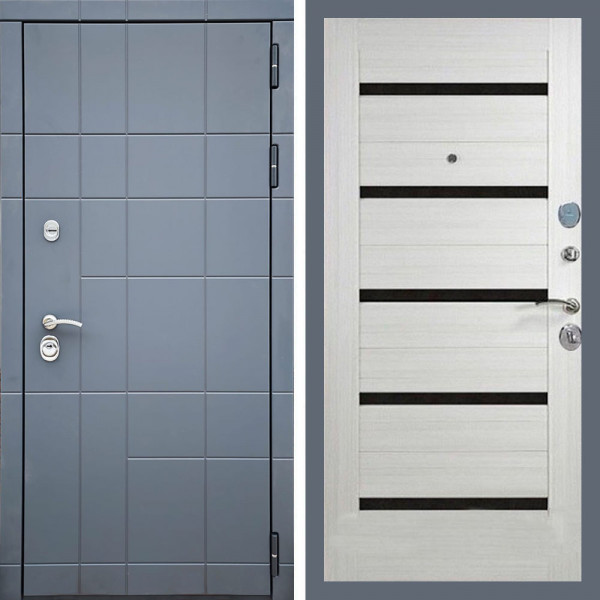 Входная дверь REX 21 Антрацит матовый сб-14 лиственница беж. черное стекло